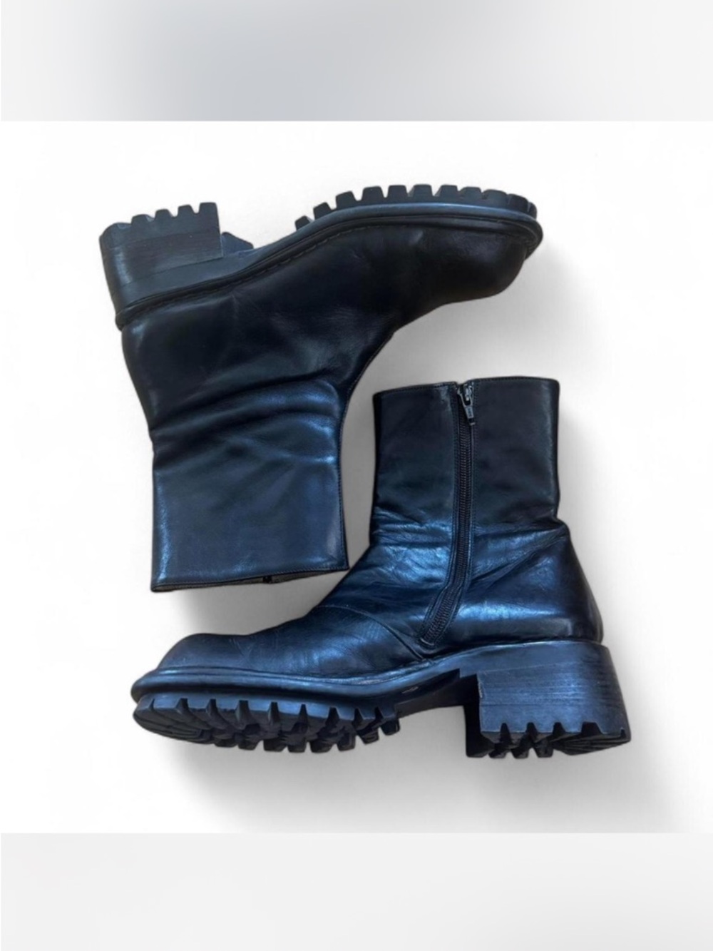 Vintage Black Leather Chunky Lug Sole Boots Made in Italy Size 40 Moto